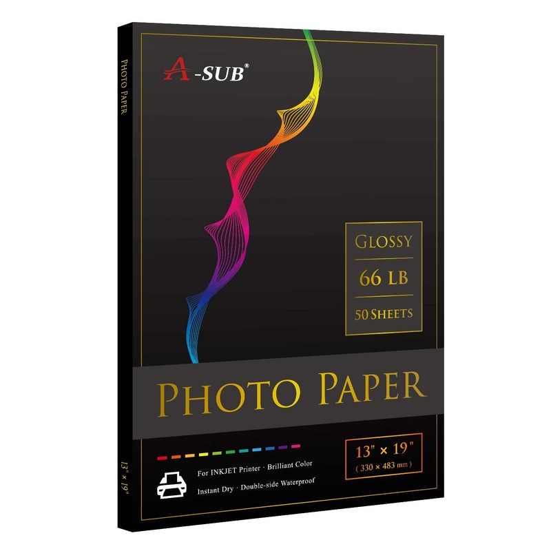 A-SUB Premium Photo Paper High Glossy 13x19 Inch 66lb for Inkjet Printers 50 Sheets, Single Sided - Image 1